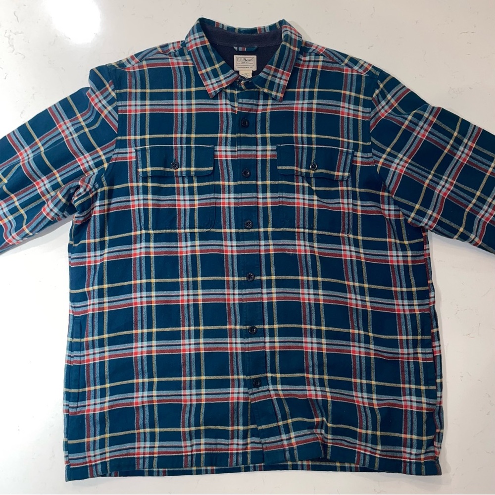 LL Bean Fleece Lined  Plaid Flannel Shirt Shacket Green XL